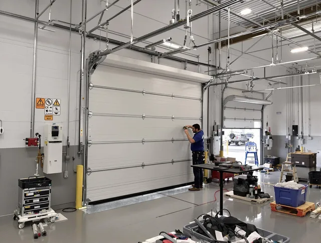 Commercial garage door repair being performed by Seal Beach Garage Door Repair expert in Seal Beach