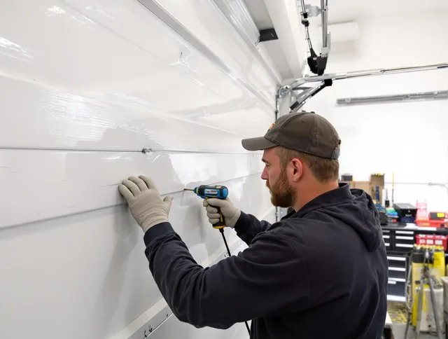 Seal Beach Garage Door Repair technician demonstrating precision dent removal techniques on a Seal Beach garage door