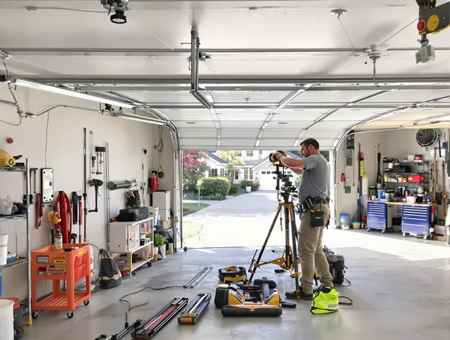 Seal Beach Garage Door Repair specialist performing laser-guided track alignment in Seal Beach